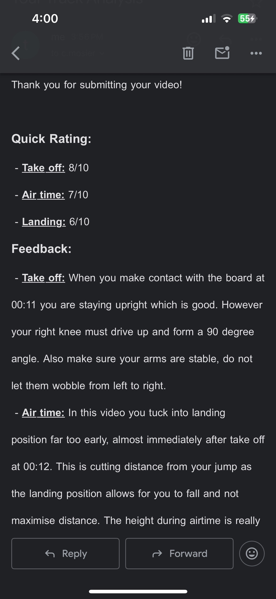 DASH feedback showing quick ratings and detailed technical analysis