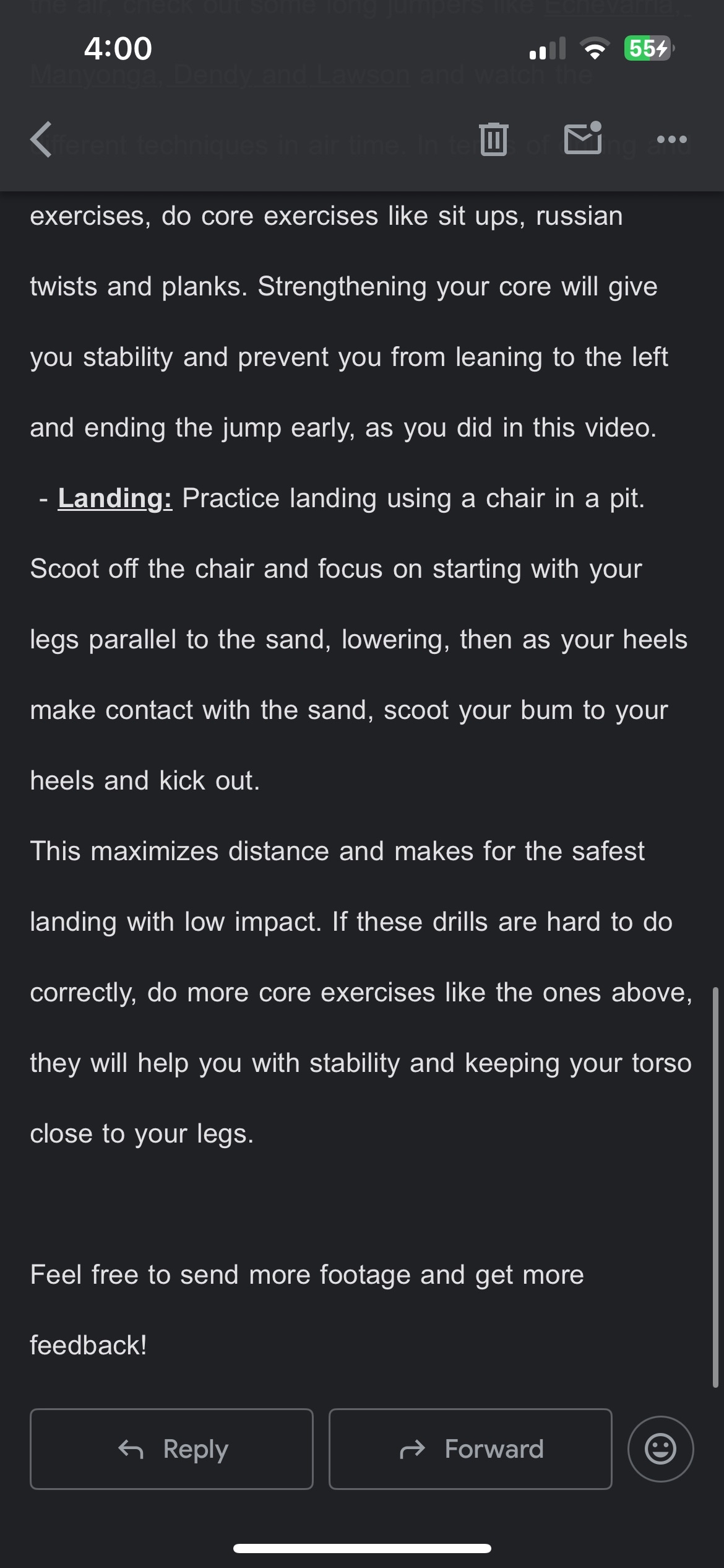DASH feedback with exercise recommendations and landing practice tips